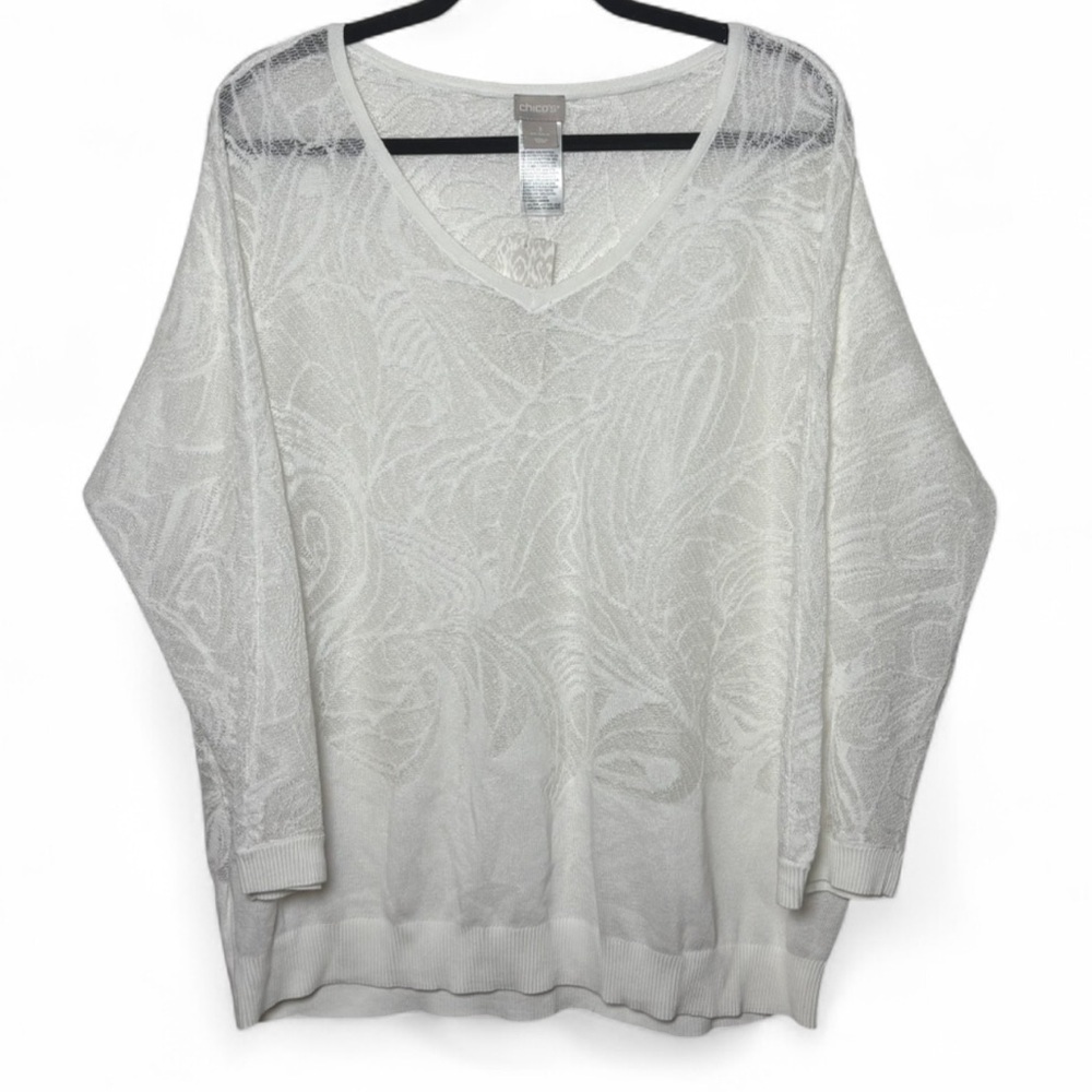 Chico’s White Textured V-Neck Sweater Women’s Size 3 XL NWT